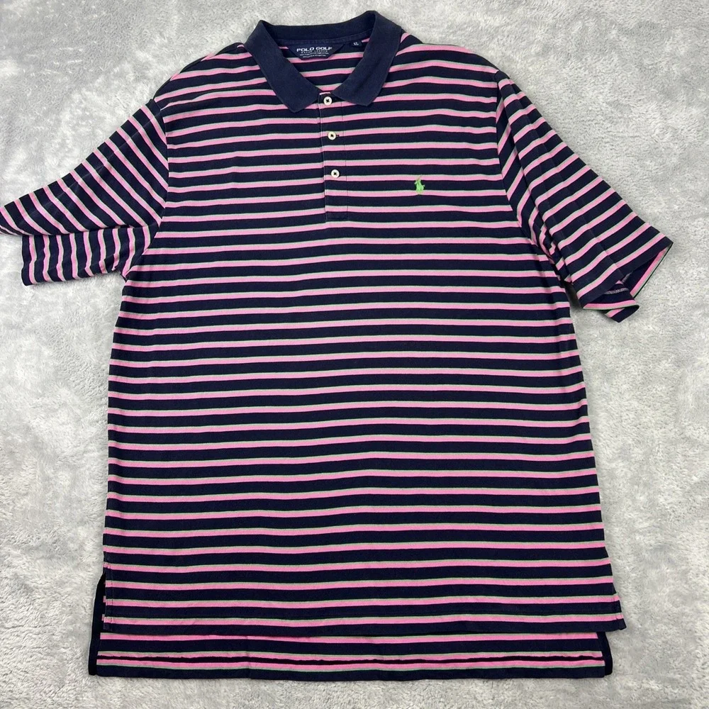 Polo Golf Ralph Lauren Mens XL Pima Cotton Navy‎ Pink Green Stripe Preppy